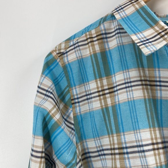Collections etc cotton blend button down turquoise tan plaid shirt - Picture 5 of 10